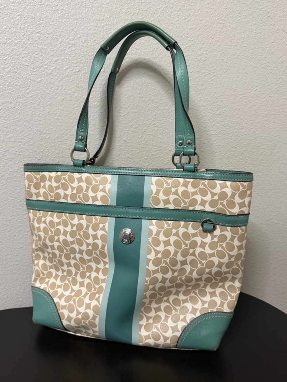 Coach Beige Signature Canvas Tote with Mint Green Trim
